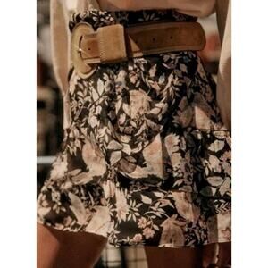 SEZANE Carolina Mini Skirt Womens 14 Black Floral Print Ruffle Short Flirty